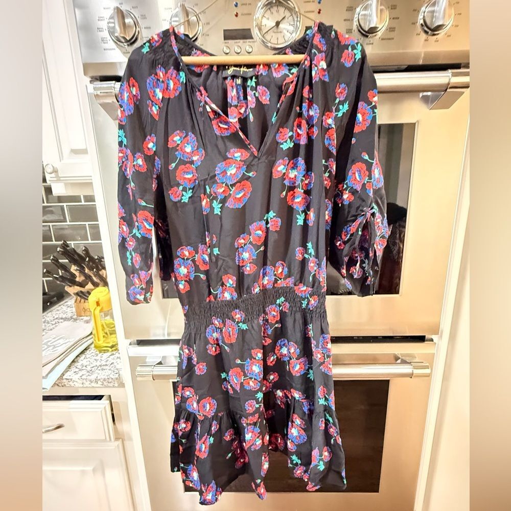 Yumi Kim Black Dress with Red and Blue Floral Pattern size medium